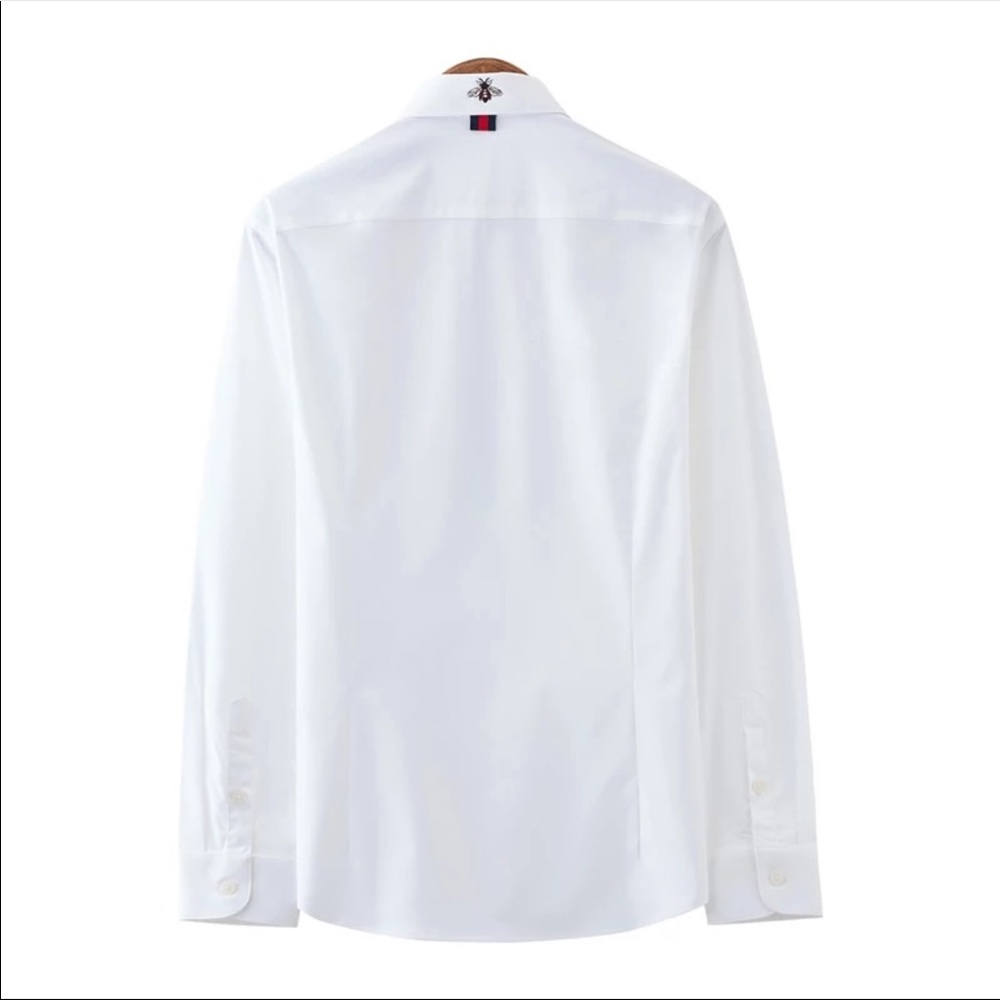 White Fitted Dress Shirt with Bee Detail